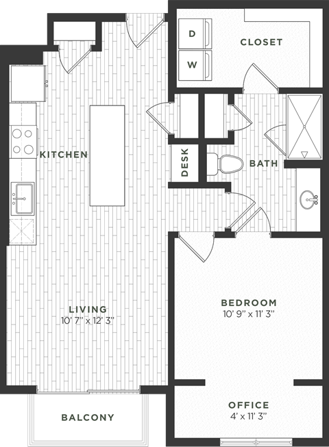 Floor plan for 1 bed, 1 bath, 793 sqft